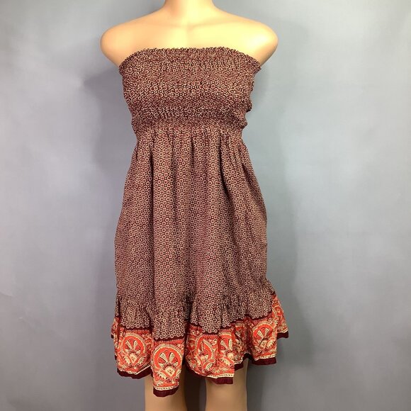Fabric printed Dresses & Skirts - Vintage Bohemian Strapless Smocked Midi Dress With Ornate Border Print